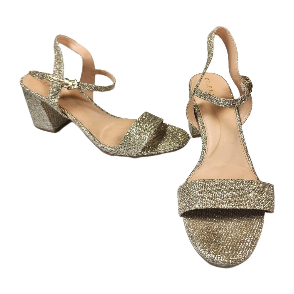 Cole Haan Josie Glitter Sandals Shoes 10B Gold Ankle Strap Block‎ Heel Wedding